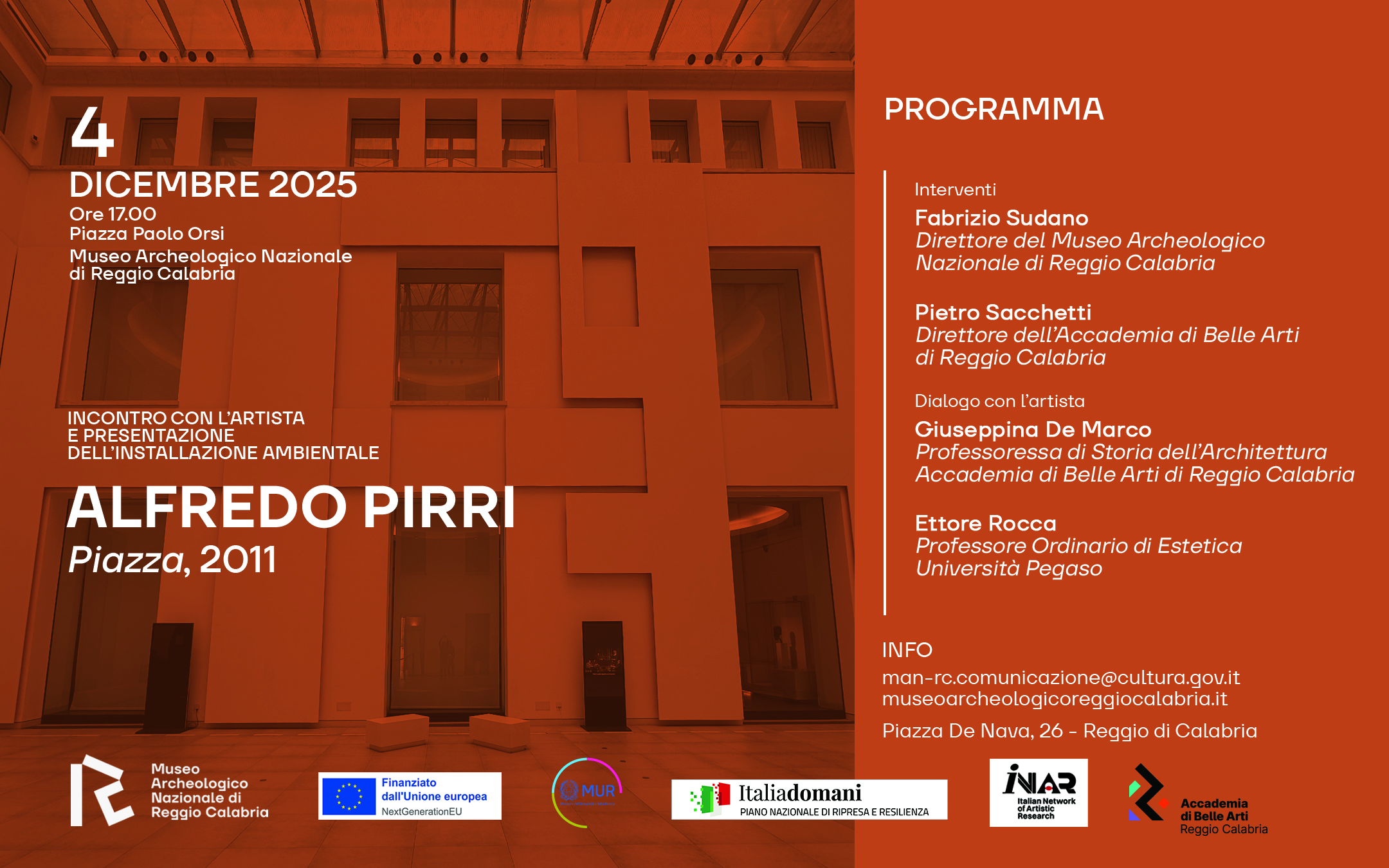 Incontro con l’artista Alfredo Pirri e presentazione dell’installazione ambientale “Piazza, 2011”